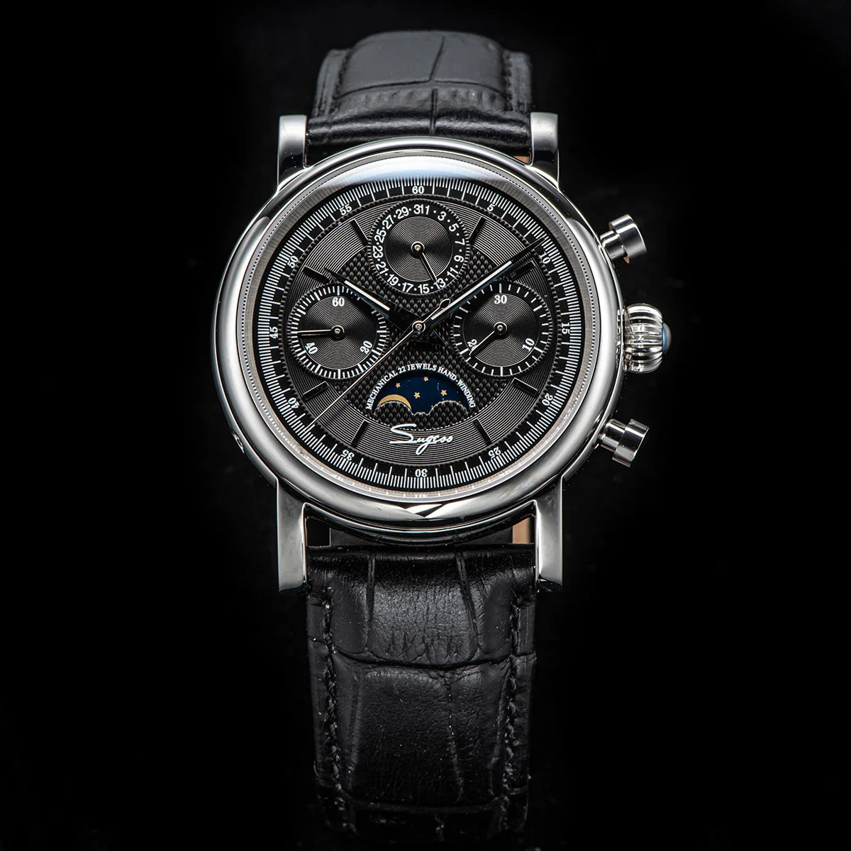 Sugess ST1908 Mechanical Chronograph Watch – Moonphase Vintage BK Dial Sapphire Crystal Waterproof Wristwatch