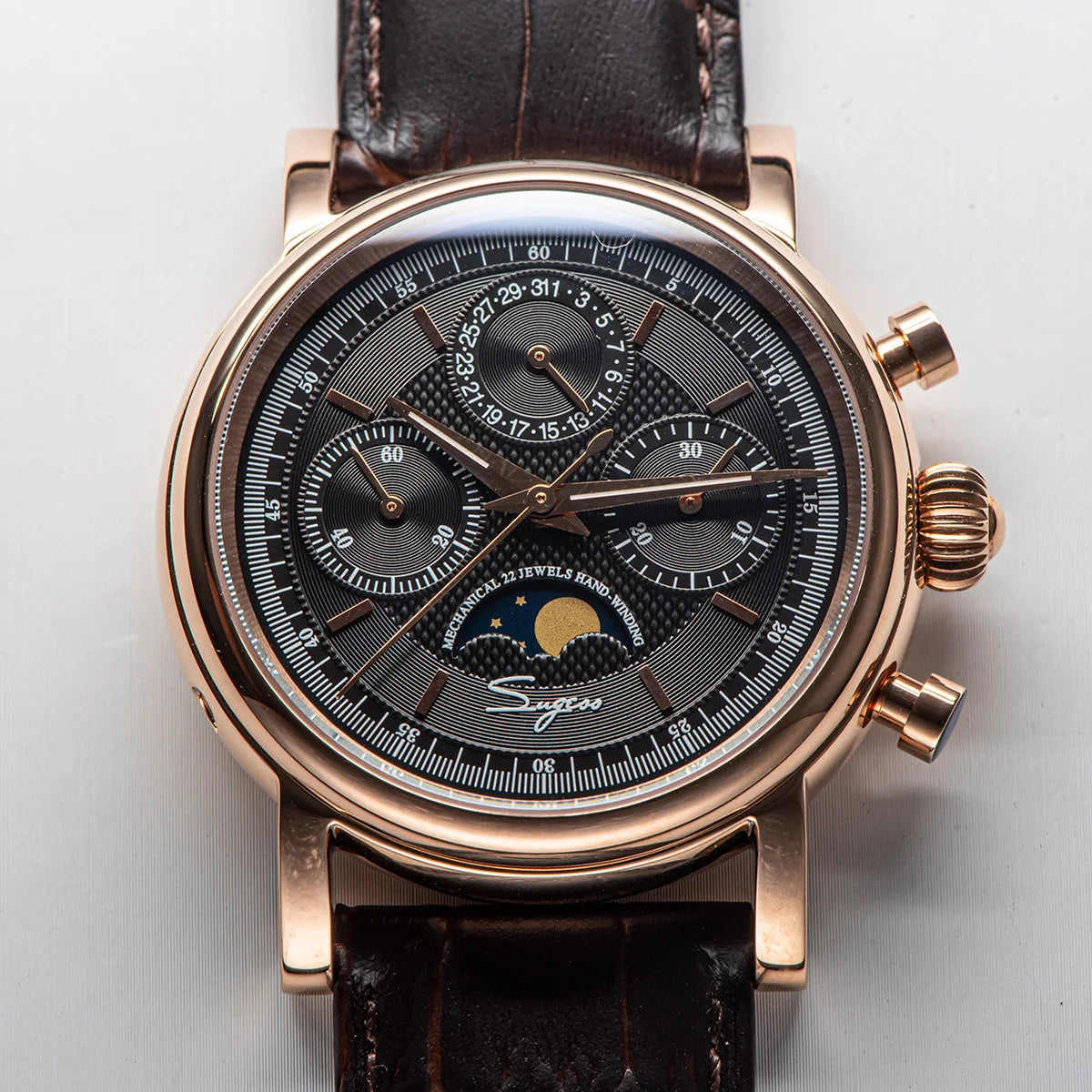 Sugess ST1908 Mechanical Chronograph Watch – Moonphase Vintage BK Dial Sapphire Crystal Waterproof Wristwatch