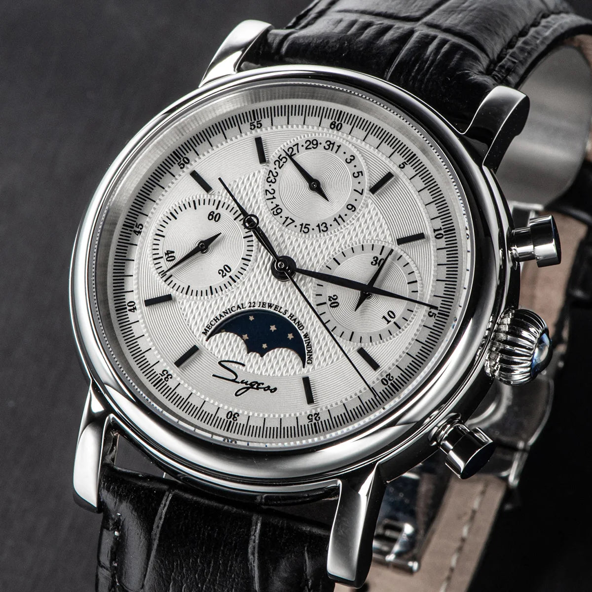 Sugess ST1908 Mechanical Chronograph Watch – Moonphase Vintage BK Dial Sapphire Crystal Waterproof Wristwatch