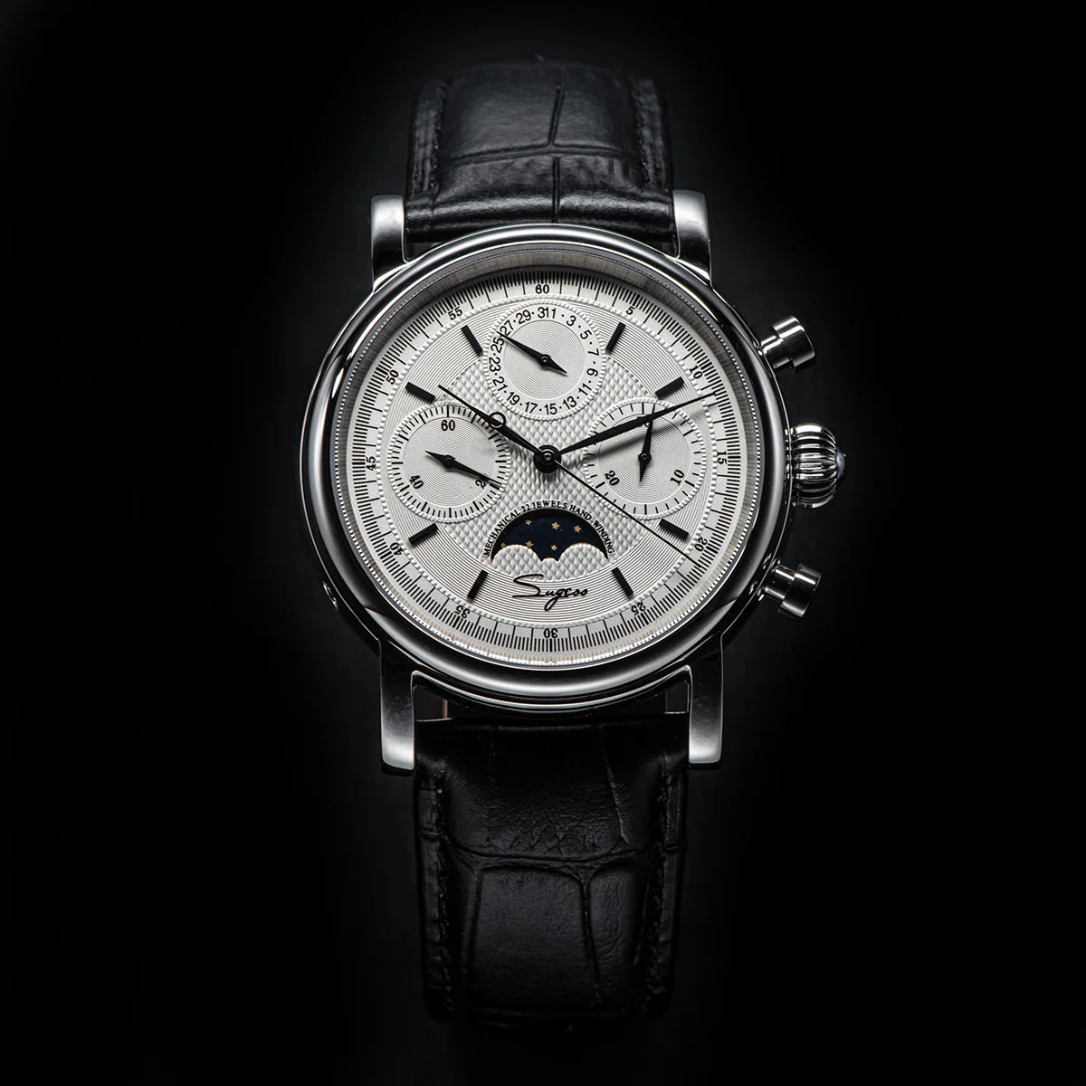 Sugess ST1908 Mechanical Chronograph Watch – Moonphase Vintage BK Dial Sapphire Crystal Waterproof Wristwatch