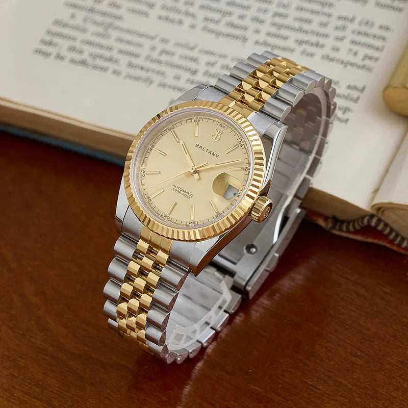 Baltany S4084 Men’s Automatic Dress Watch 36mm – Gold Tone, NH35 Movement, Stainless Steel Bracelet, Water Resistant