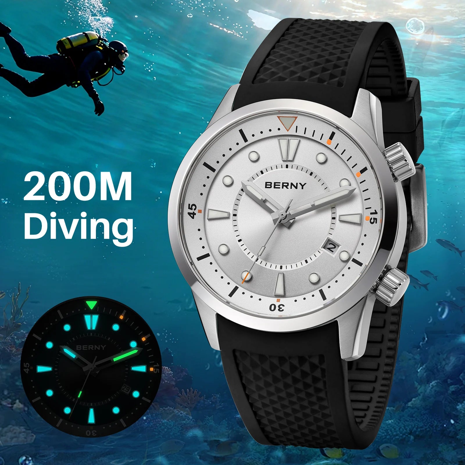 BERNY Men's Automatic Diver Watch – 200M Waterproof, Miyota 8215, Sapphire