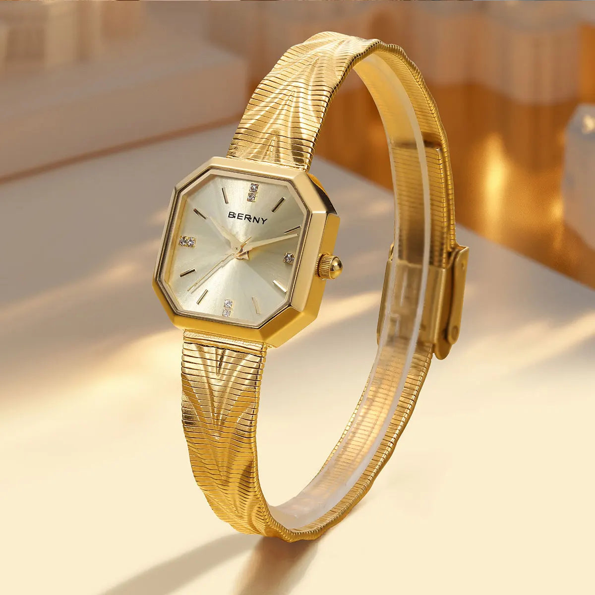 BERNY Women's Gold Quartz Watch – Octagonal Stainless Steel