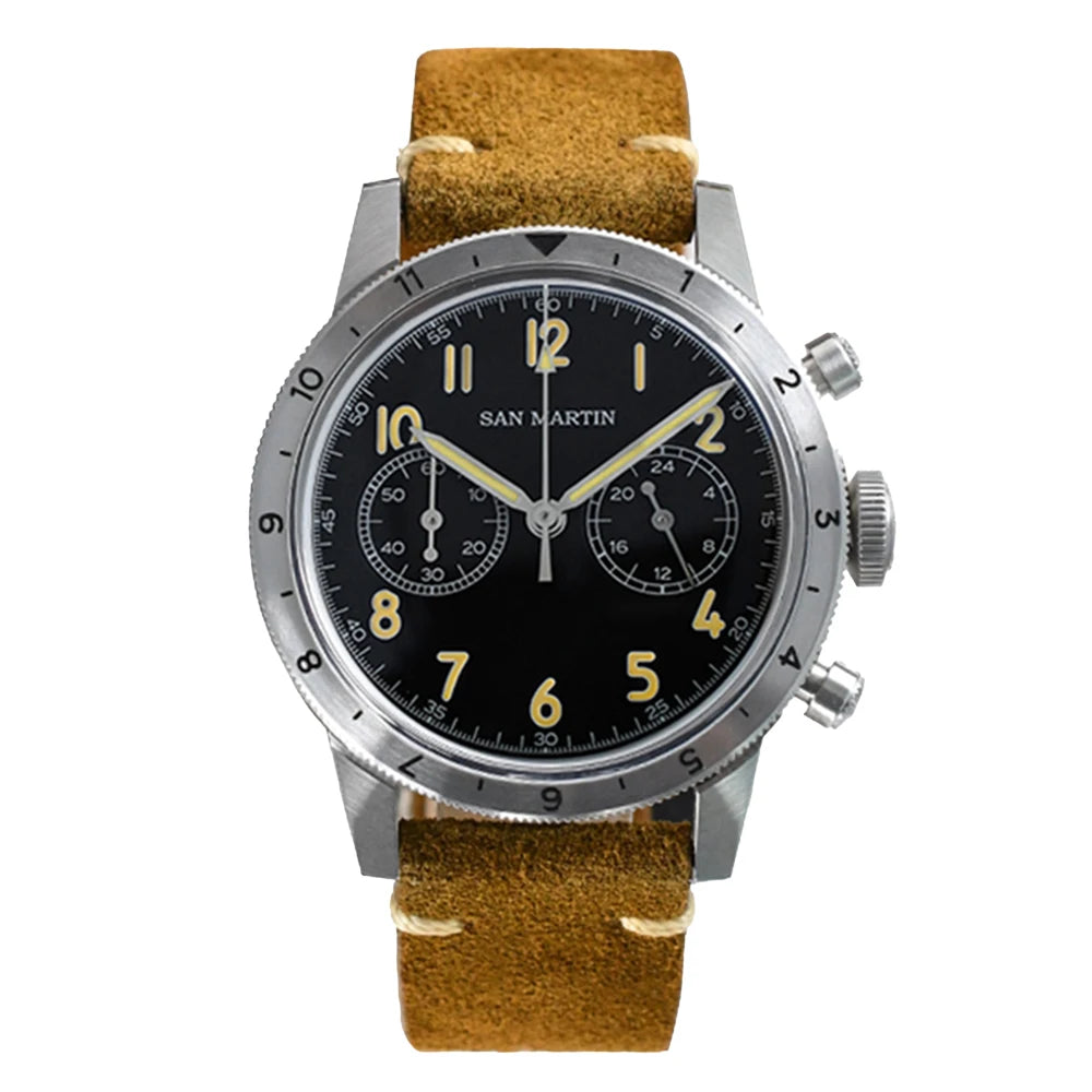 San Martin SN0127 Vintage Pilot Chronograph – VK64, Leather Strap