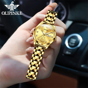 OUPINKE 3259 Women’s Automatic Watch – Gold Tone, Tungsten Steel Strap, Luxury Mechanical