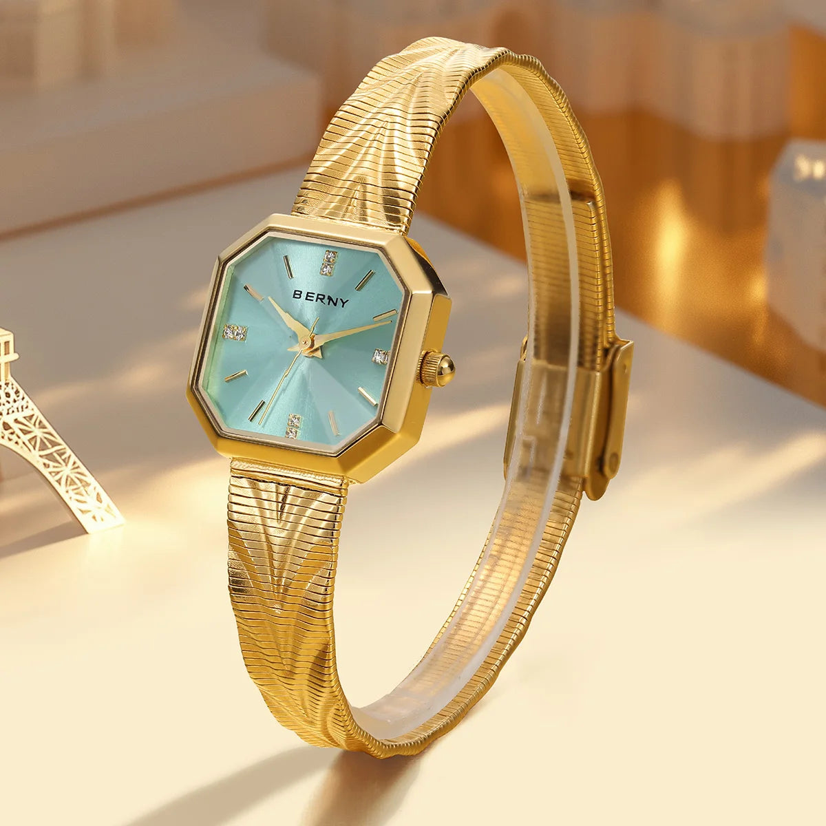 BERNY Women's Gold Quartz Watch – Octagonal Stainless Steel