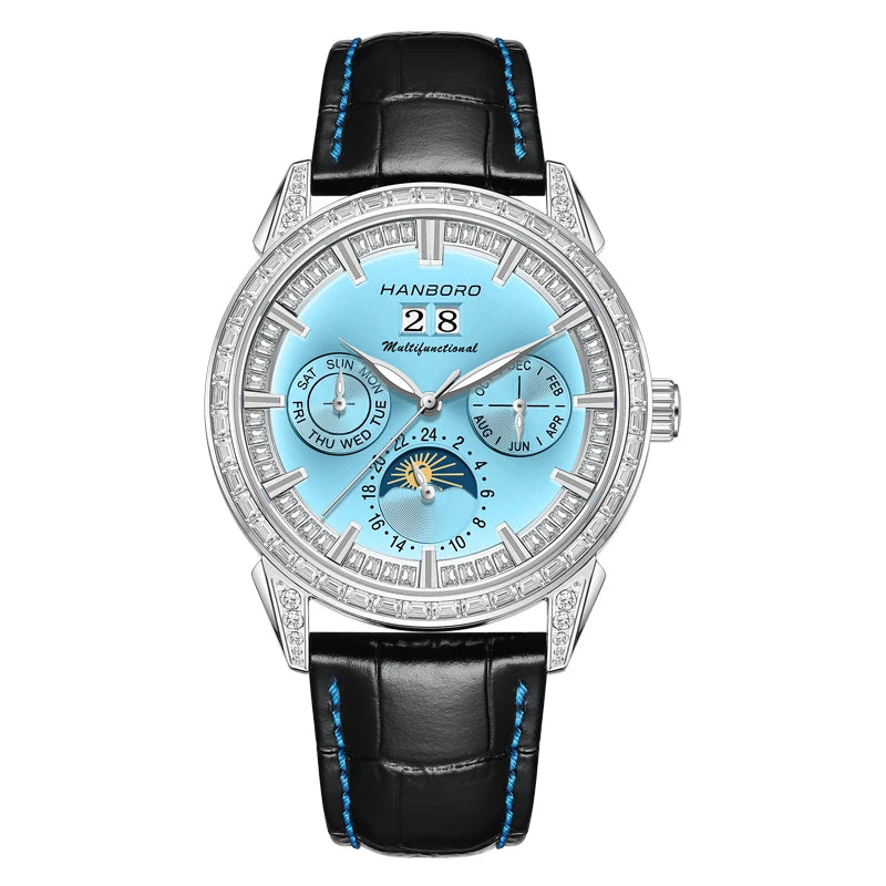 Hanboro 41.5mm Mechanical Watch: Automatic Multi-Dial with Day, Month, Date & Crystal Bezel