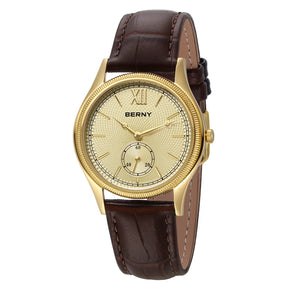 BERNY Luxury Men’s Dress Watch Slim Gold Quartz Classic Leather Strap Business Wristwatch