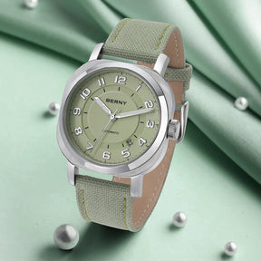 BERNY Women's Automatic Cushion Watch – Sapphire Luminous Canvas Strap Calendar