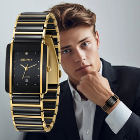 BERNY XV12 Men's Quartz Watch – Ceramic Rectangle Black Gold Diamond Waterproof