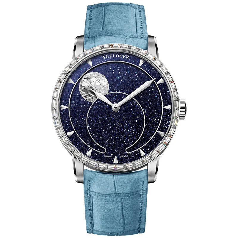AGELOCER Men’s Moon Phase Watch – Blue Aventurine Dial, 29.5-Day Display, Luxury Automatic Wristwatch