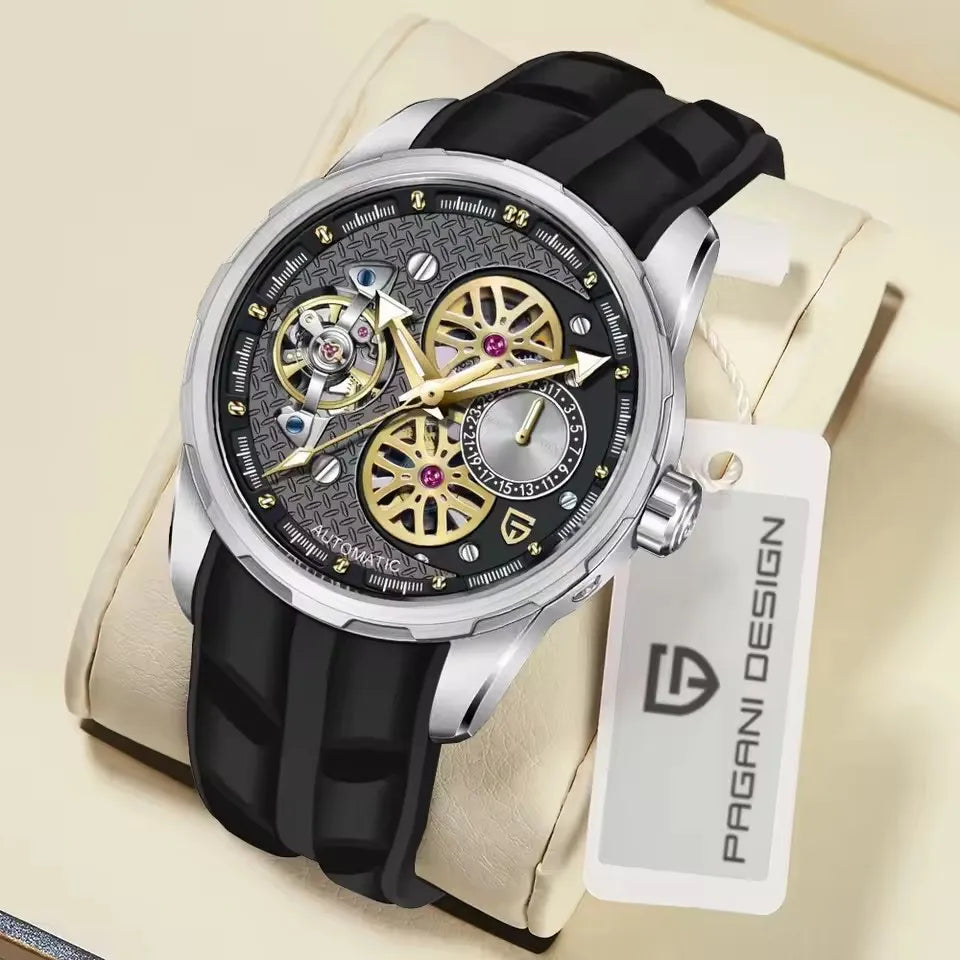 PAGANI DESIGN Men’s Automatic Skeleton Watch – Sapphire Crystal, 100m Water Resistant, Tourbillon Style