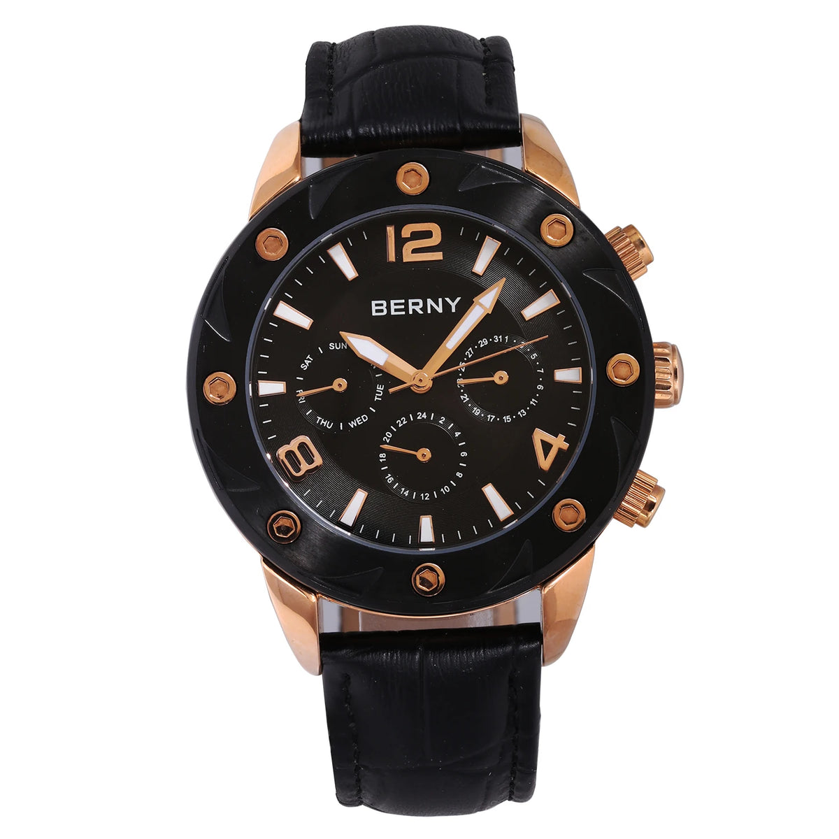 BERNY Men's Quartz Watch – Multifunction Dial Business Leather Strap Luminous Waterproof