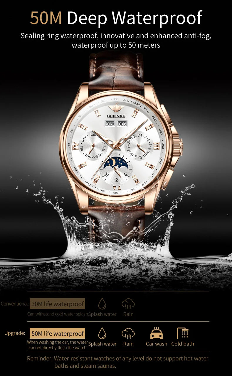 OUPINKE 3189 Men's Automatic Watch – Moon Phase Leather Strap Waterproof