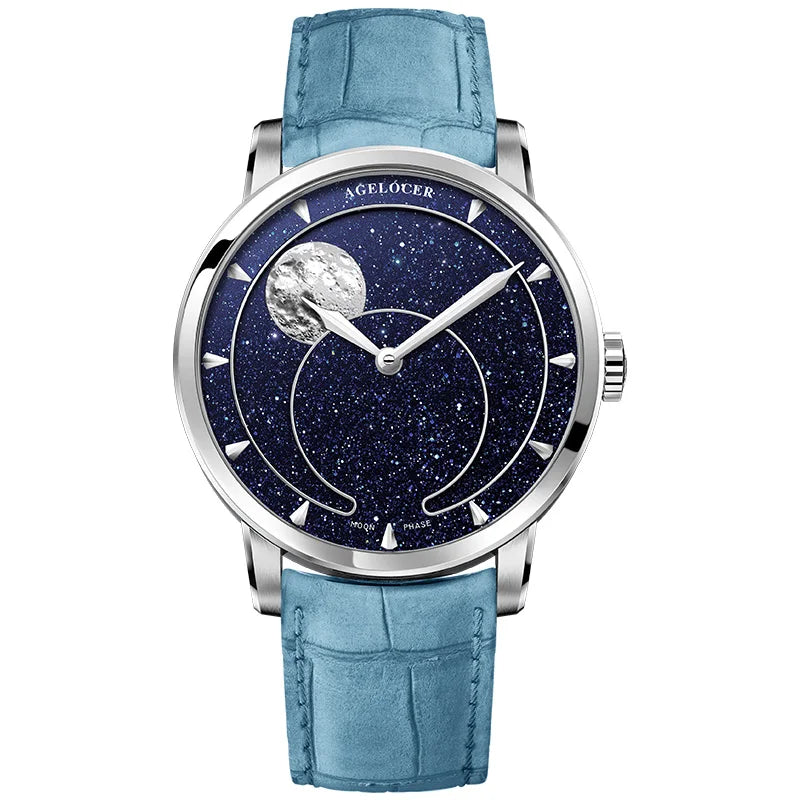 AGELOCER Men’s Moon Phase Watch – Blue Aventurine Dial, 29.5-Day Display, Luxury Automatic Wristwatch