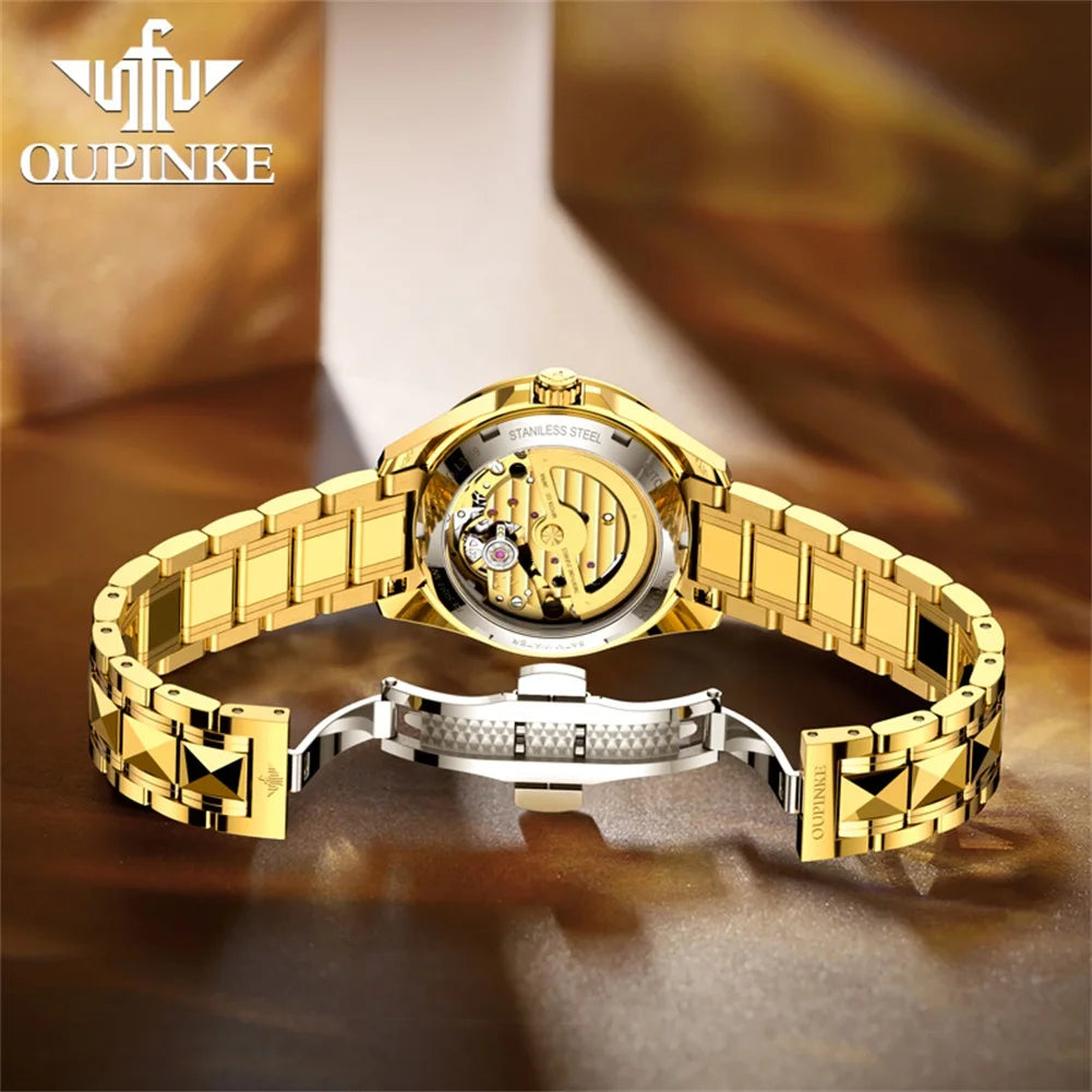 OUPINKE 3259 Women’s Automatic Watch – Gold Tone, Tungsten Steel Strap, Luxury Mechanical