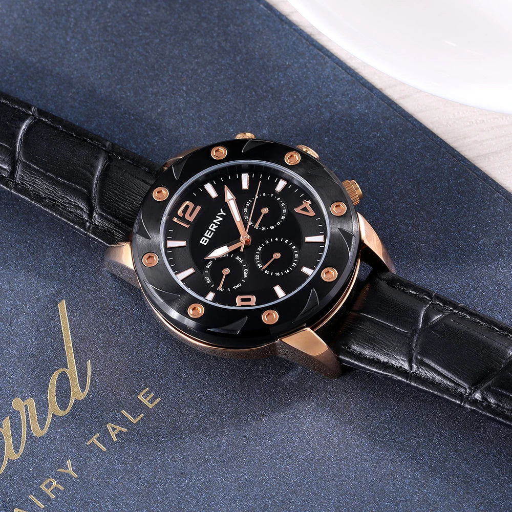 BERNY Men's Quartz Watch – Multifunction Dial Business Leather Strap Luminous Waterproof