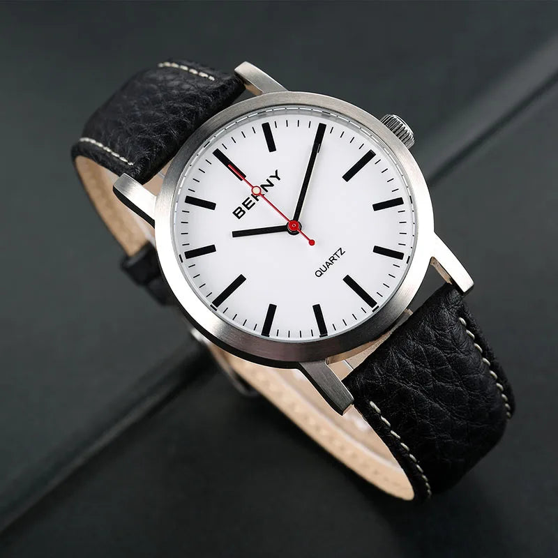 BERNY Men's Quartz Watch – Leather Strap Track Style Waterproof