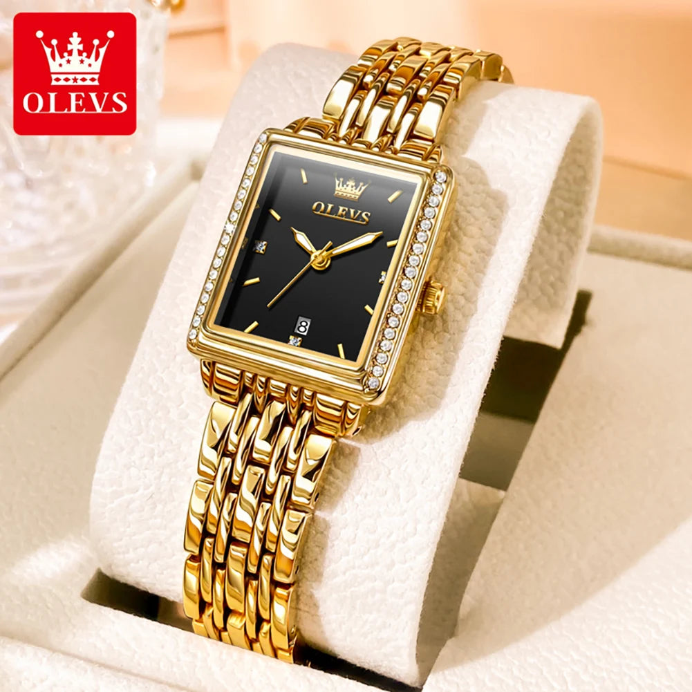 OLEVS Women’s Luxury Diamond Quartz Watch – Elegant Gold Stainless Steel Waterproof Wristwatch