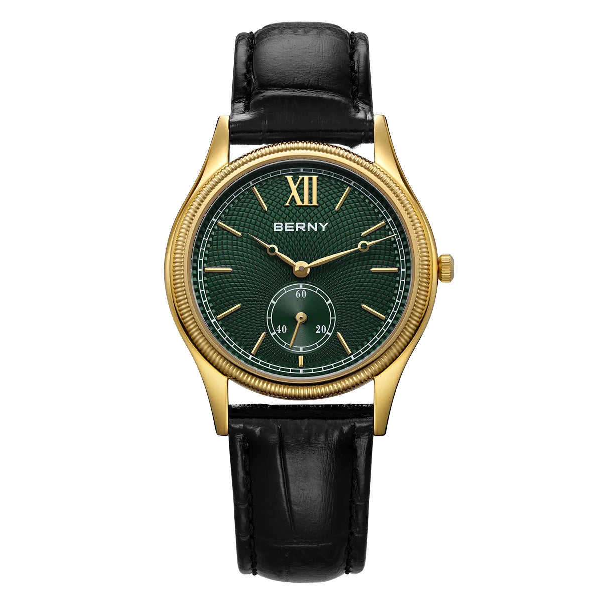 BERNY Luxury Men’s Dress Watch Slim Gold Quartz Classic Leather Strap Business Wristwatch