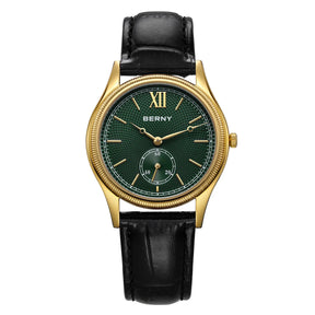 BERNY Luxury Men’s Dress Watch Slim Gold Quartz Classic Leather Strap Business Wristwatch