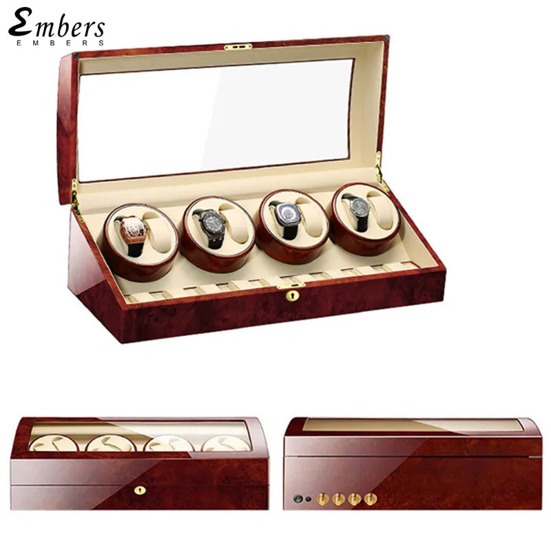Wooden Watch Storage Box 6 Slots Automatic Winding Battery Mechanical Watches Winder Case Leather