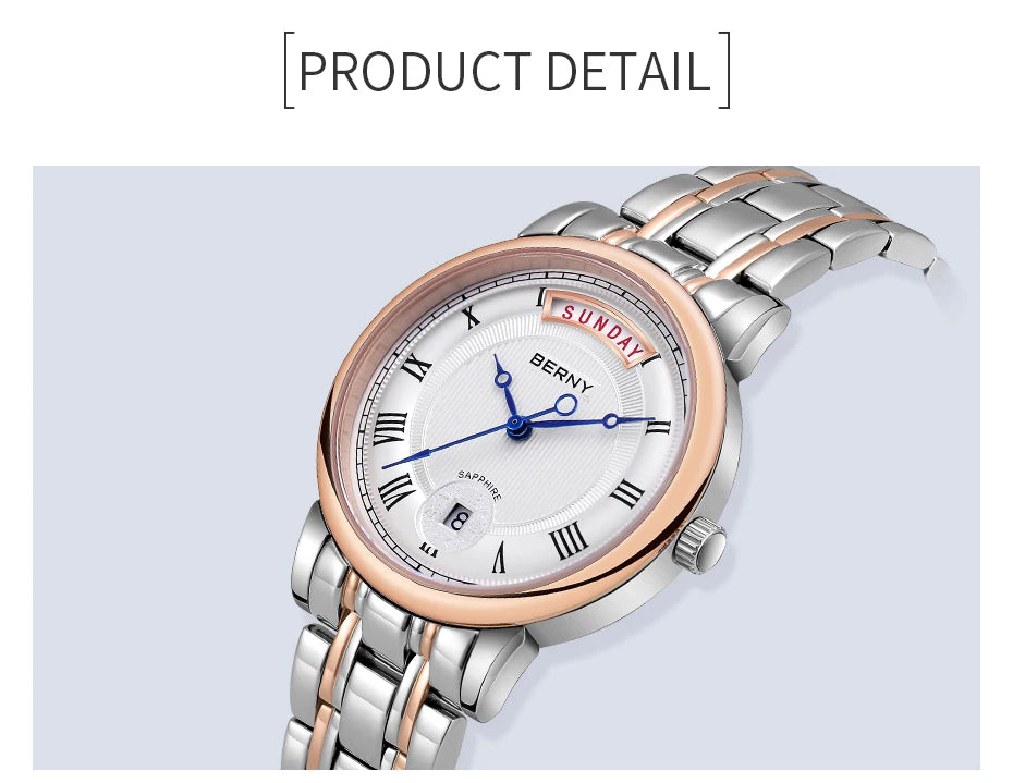 BERNY Women’s Quartz Watch – Roman Numerals, Day & Date, Sapphire Glass, Stainless Steel Strap