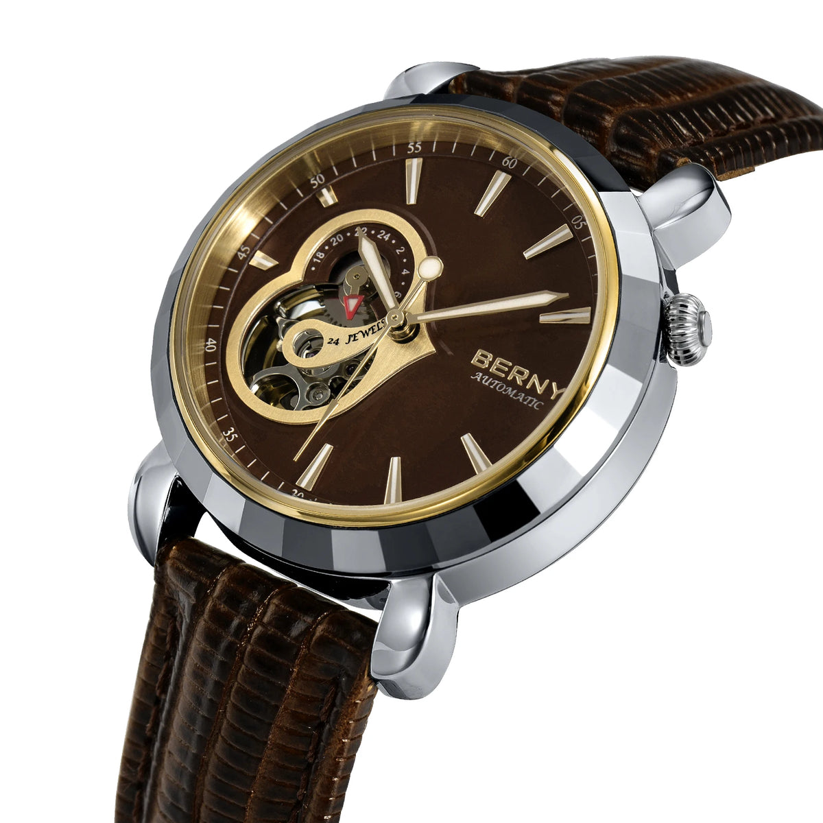 BERNY Women's Automatic Watch – NH39 Sapphire Tungsten Steel Diamond Brown Dial Waterproof