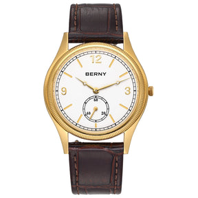 BERNY Men's Quartz Dress Watch 38mm – Slim Elegant Leather Strap Easy Read