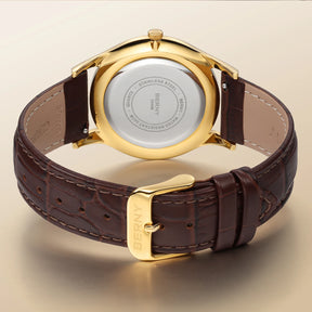 BERNY Luxury Men’s Dress Watch Slim Gold Quartz Classic Leather Strap Business Wristwatch