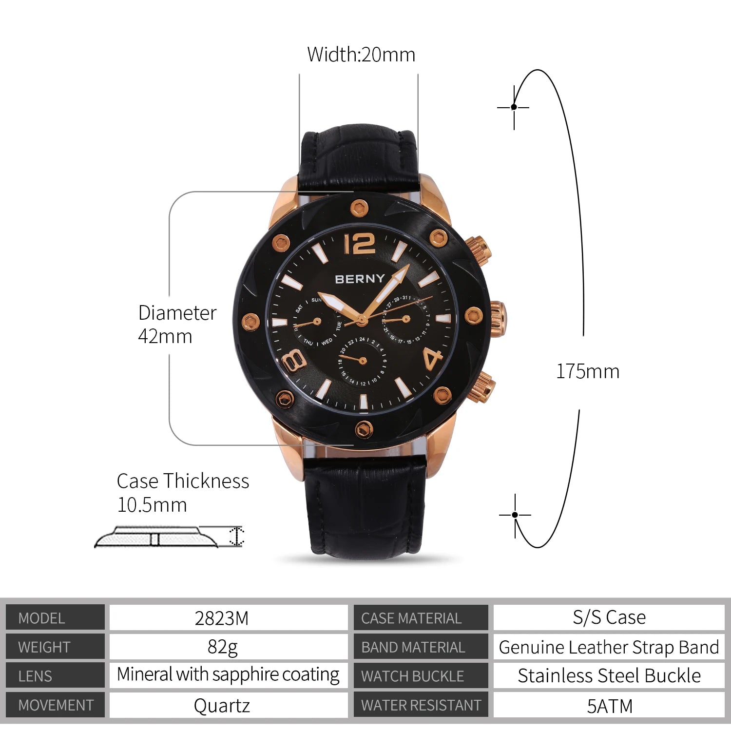 BERNY Men's Quartz Watch – Multifunction Dial Business Leather Strap Luminous Waterproof