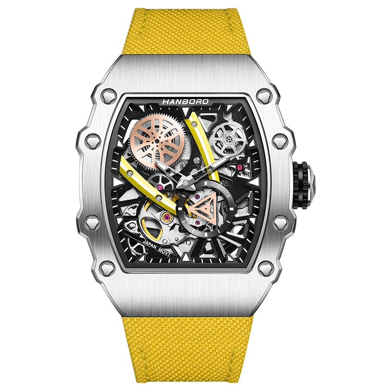 HANBORO Men’s Automatic Watch – 40.5mm Tonneau Skeleton Dial Mechanical Waterproof Wristwatch