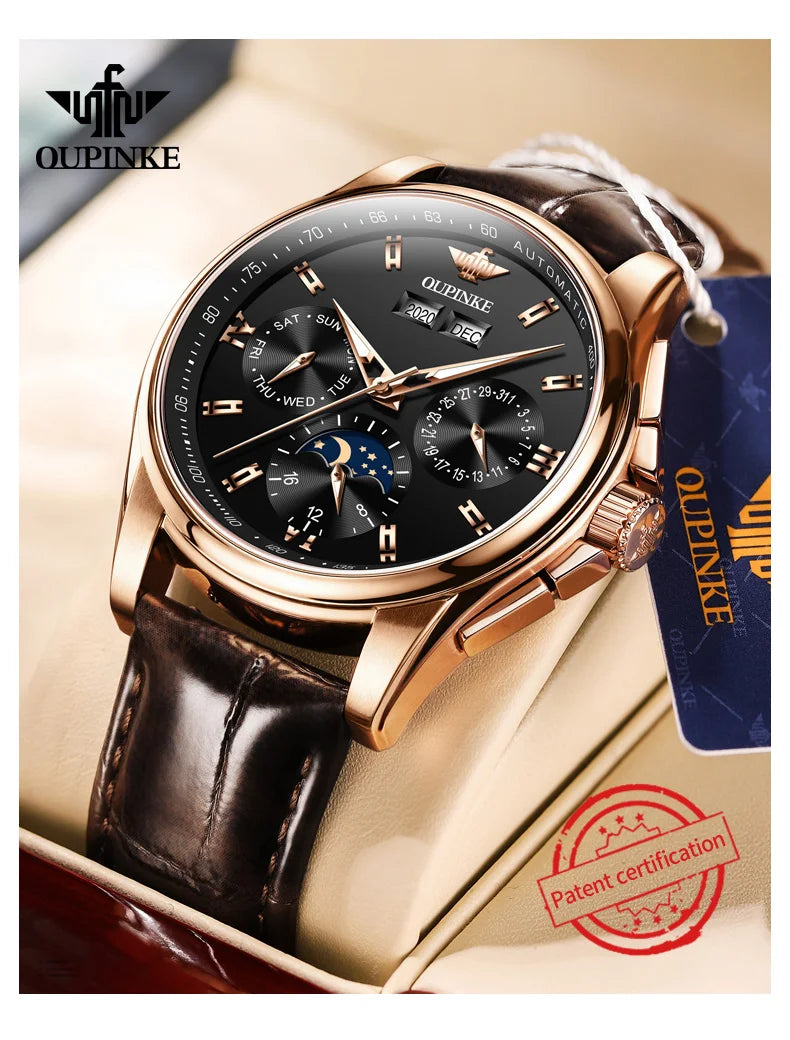 OUPINKE 3189 Men's Automatic Watch – Moon Phase Leather Strap Waterproof