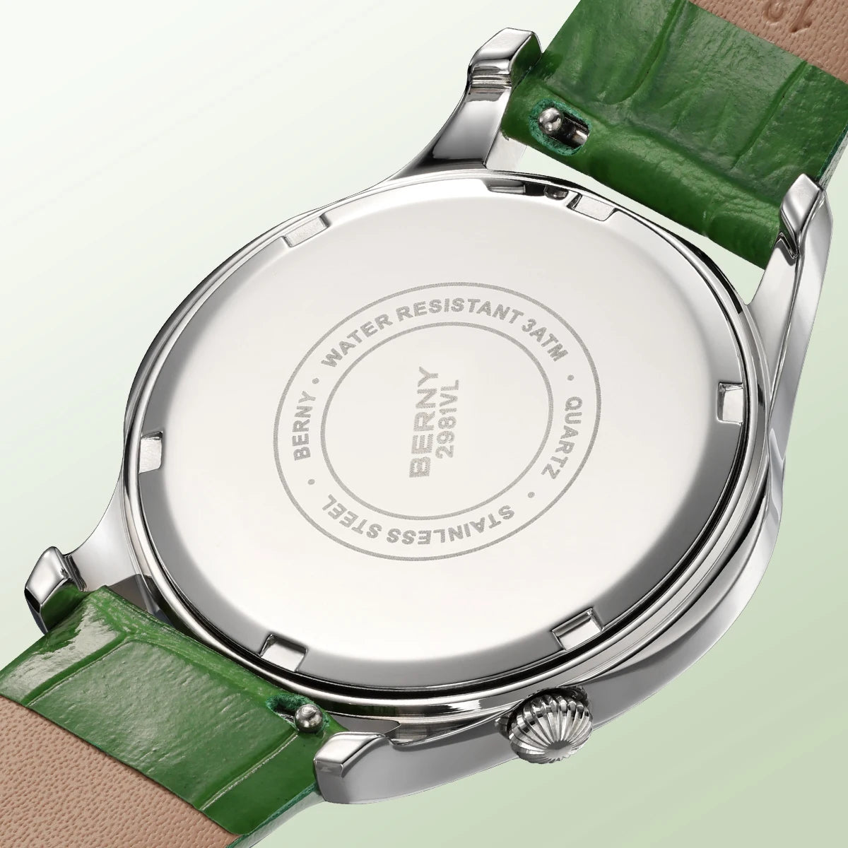 BERNY Women's Quartz Watch – Engraved Dial Diamond Gold Case Leather Strap
