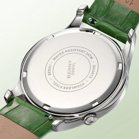 BERNY Women's Quartz Watch – Engraved Dial Diamond Gold Case Leather Strap