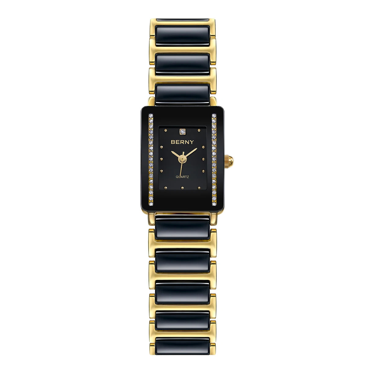 BERNY Ceramic Quartz Watch – Luxury Rectangle Gold Couple Wristwatch with Diamond Bracelet Design