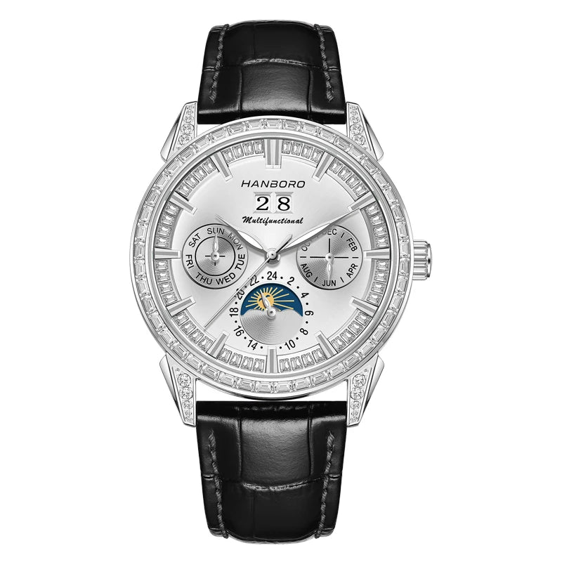 Hanboro 41.5mm Mechanical Watch: Automatic Multi-Dial with Day, Month, Date & Crystal Bezel