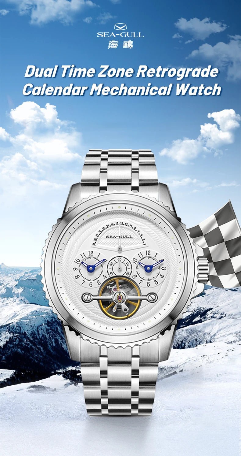 Seagull Flywheel Men’s Mechanical Watch – 44mm, Sapphire, Dual Time