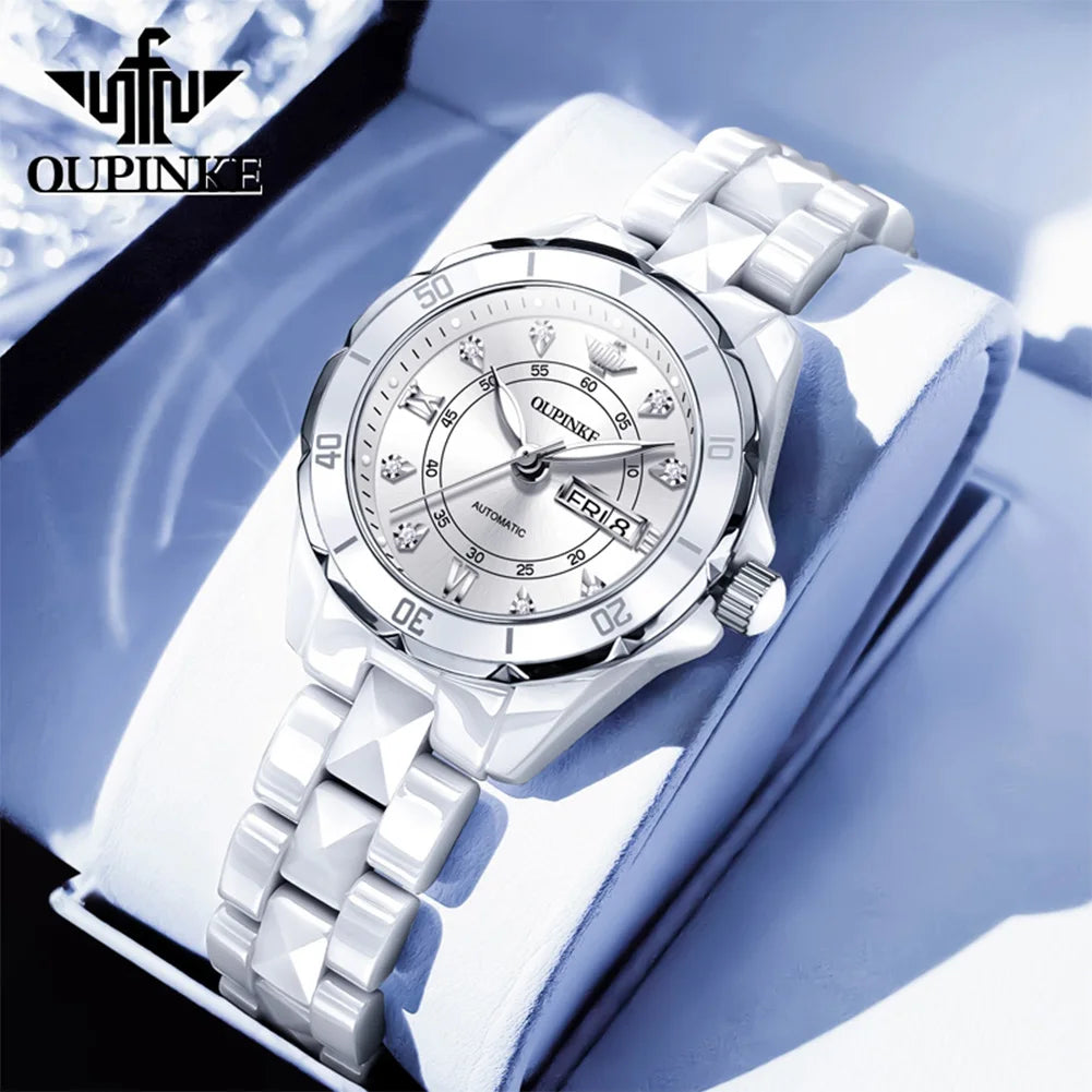 OUPINKE 3301 Women's Automatic Watch – Week Date Ceramic Strap Elegant