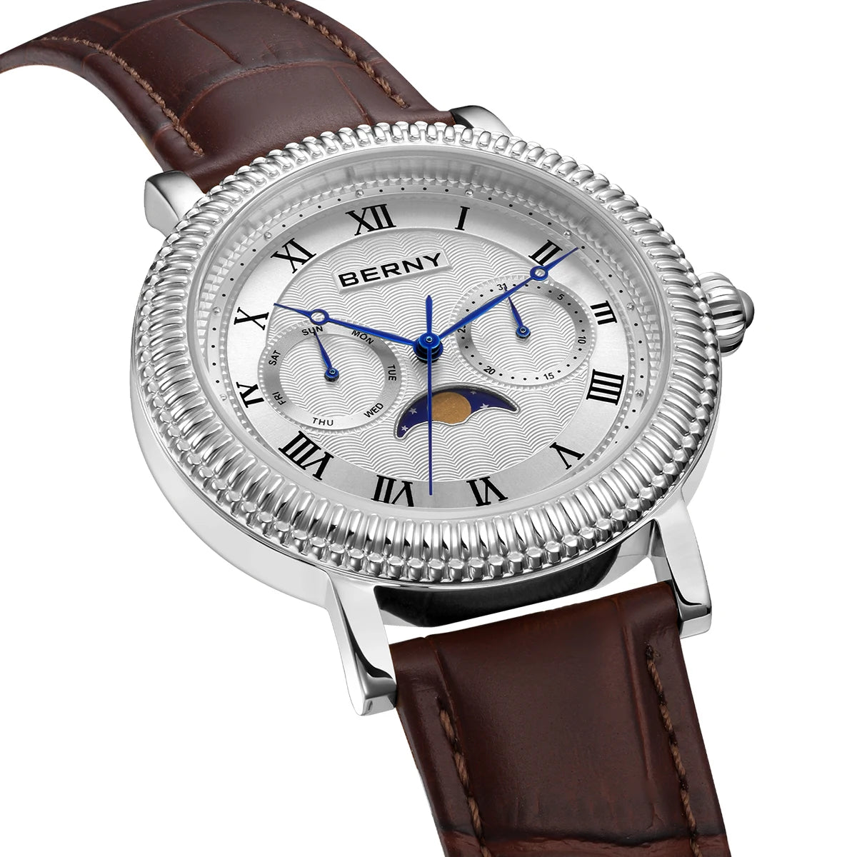 BERNY Men's Moon Phase Quartz Watch 40mm – Calendar Dress Watch Leather Strap