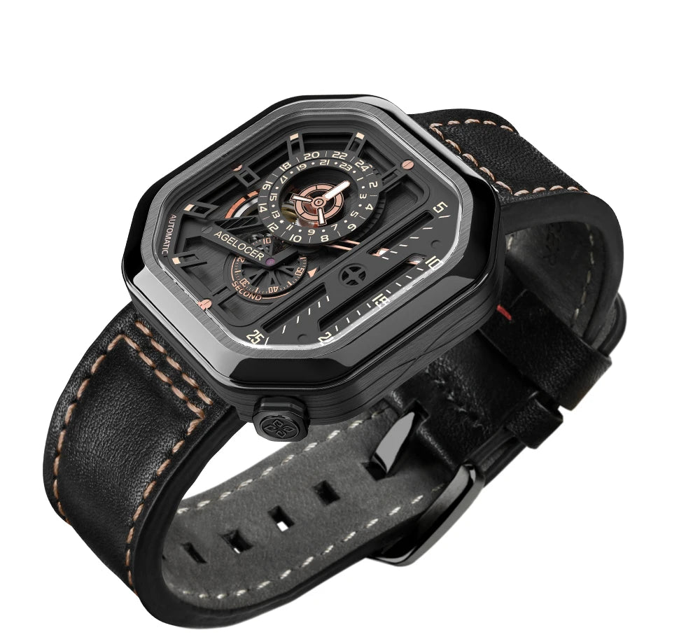 AGELOCER Men’s Automatic Skeleton Watch – Luxury Square Stainless Steel
