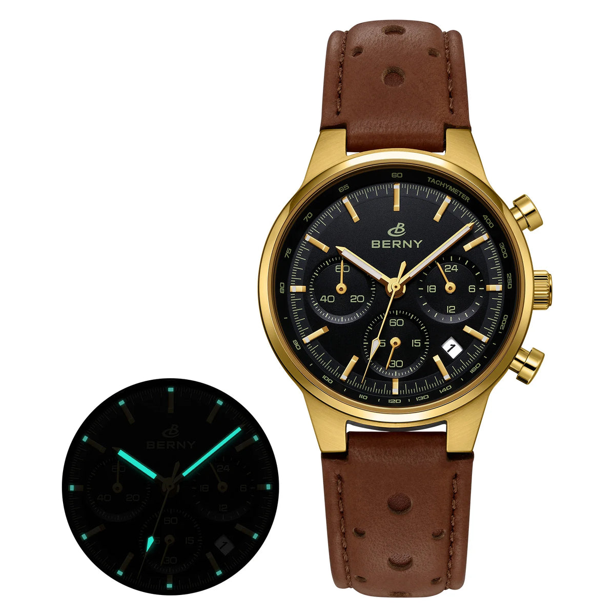 BERNY Men’s Chronograph Watch – Luxury Quartz, Sapphire, Waterproof
