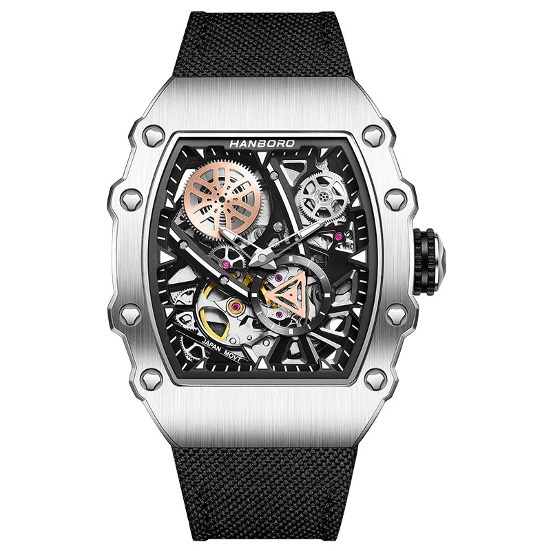 HANBORO Men’s Automatic Watch – 40.5mm Tonneau Skeleton Dial Mechanical Waterproof Wristwatch