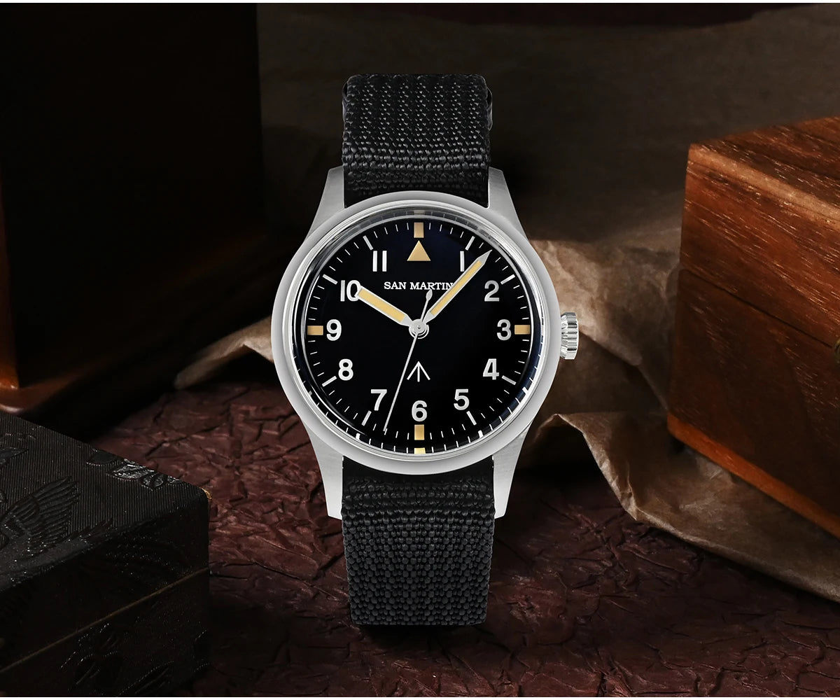 San Martin 36mm Pilot Men’s Watch – VH31 Mechaquartz Sweep Second Quartz Watch with Luminous Dial & Nylon Strap