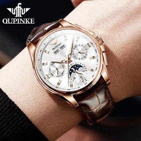 OUPINKE 3189 Men's Automatic Watch – Moon Phase Leather Strap Waterproof