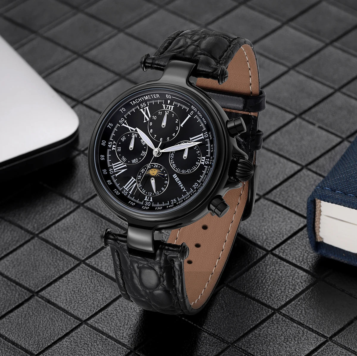 BERNY Men’s Automatic Dress Watch – Sun & Moon Phase, Leather Strap