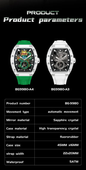 BONEST GATTI Men’s Automatic Skeleton Watch – Dragon Pattern, Crystal Case, Luxury Mechanical
