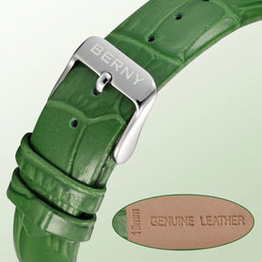 BERNY Women's Quartz Watch – Engraved Dial Diamond Gold Case Leather Strap