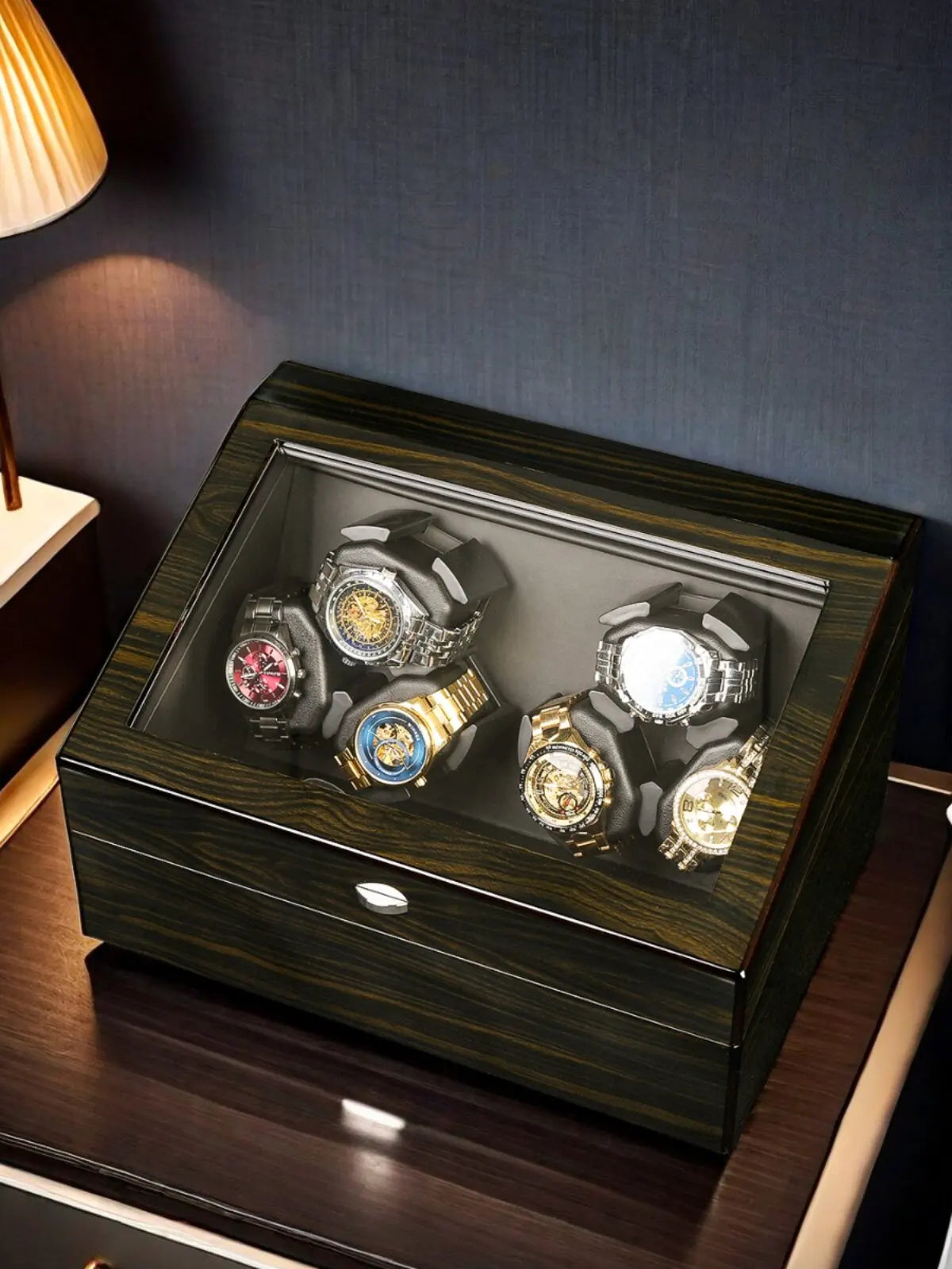 Ebony Wood Watch Winder Box – 3/6 Slot Automatic Watch Rotator with LED Light & Silent 5 Modes Storage Case