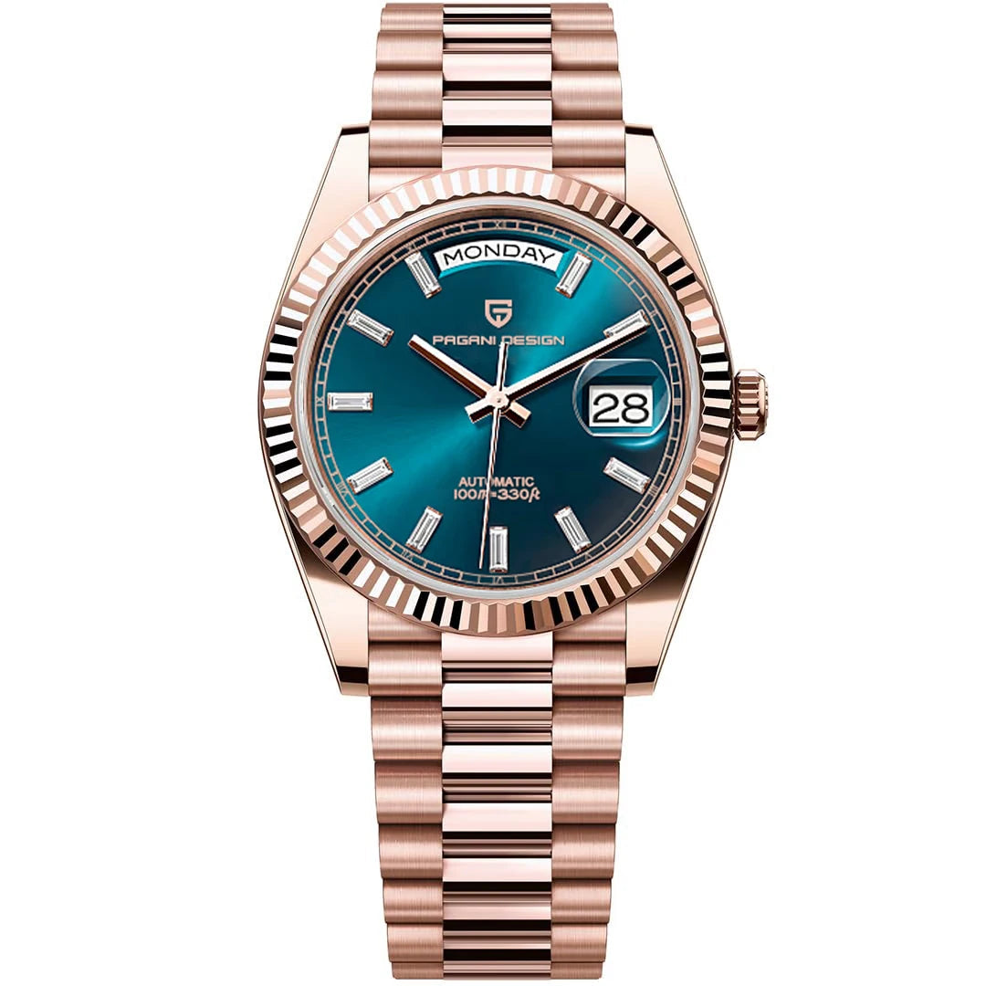 Luxury watch with rose gold case and blue dial on a white background